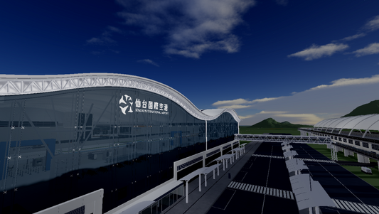 Roblox high-detail airport with modern terminals and airplanes