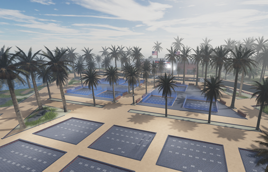 High-quality Roblox military base with palm trees and detailed tropical landscape