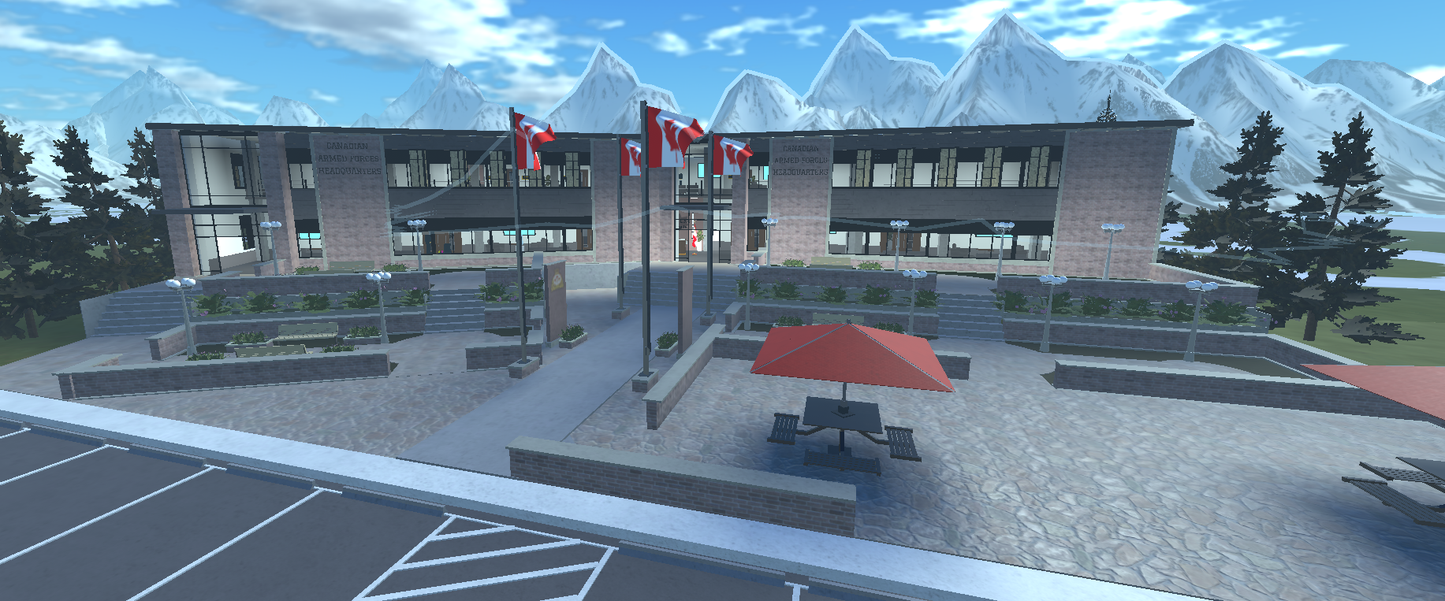 Detailed military headquarters in Roblox featuring Canadian flags and structures