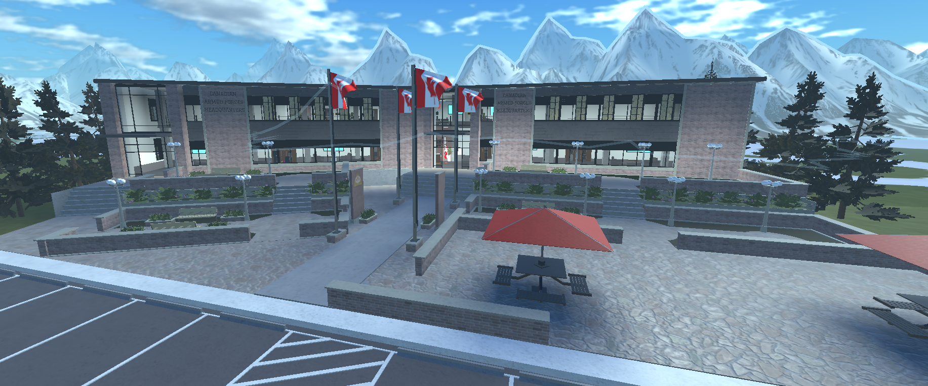 Detailed military headquarters in Roblox featuring Canadian flags and structures