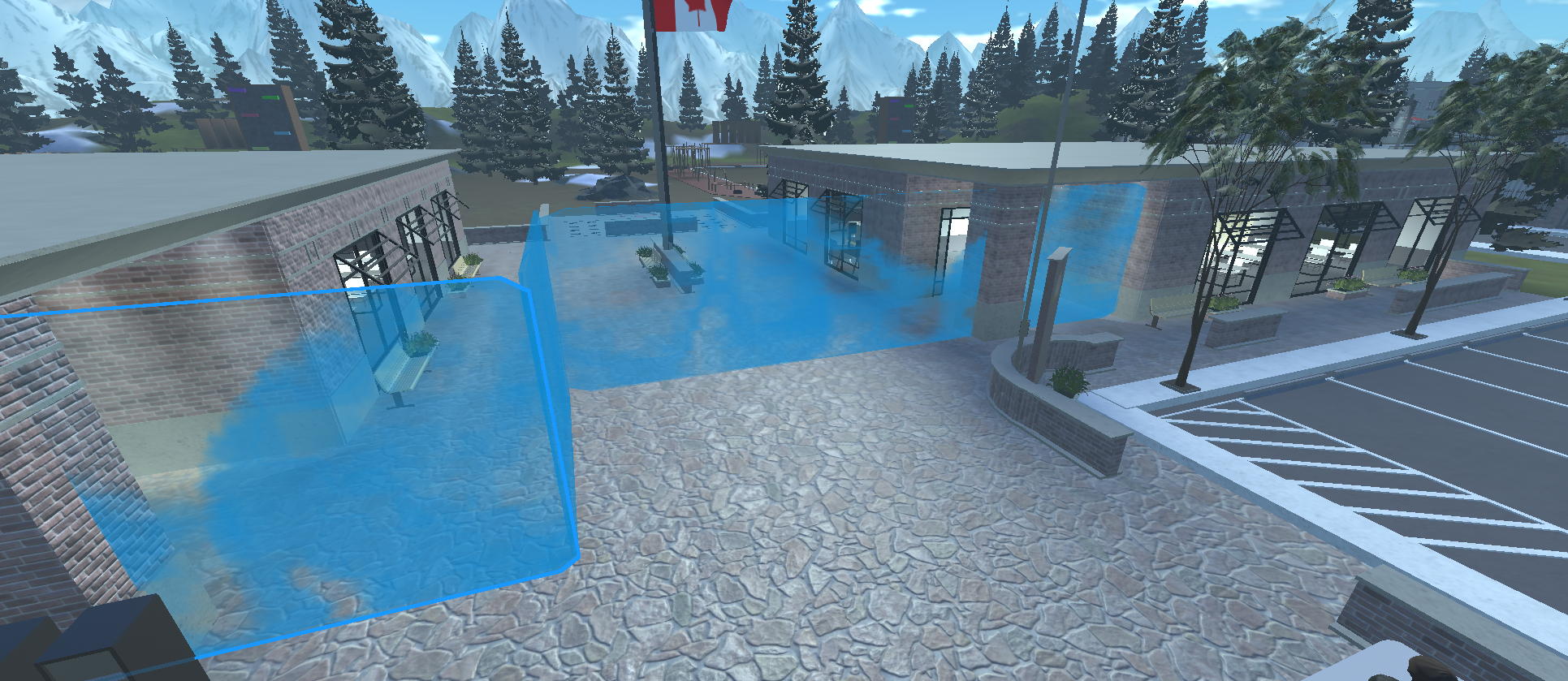 Detailed military headquarters in Roblox featuring Canadian flags and structures