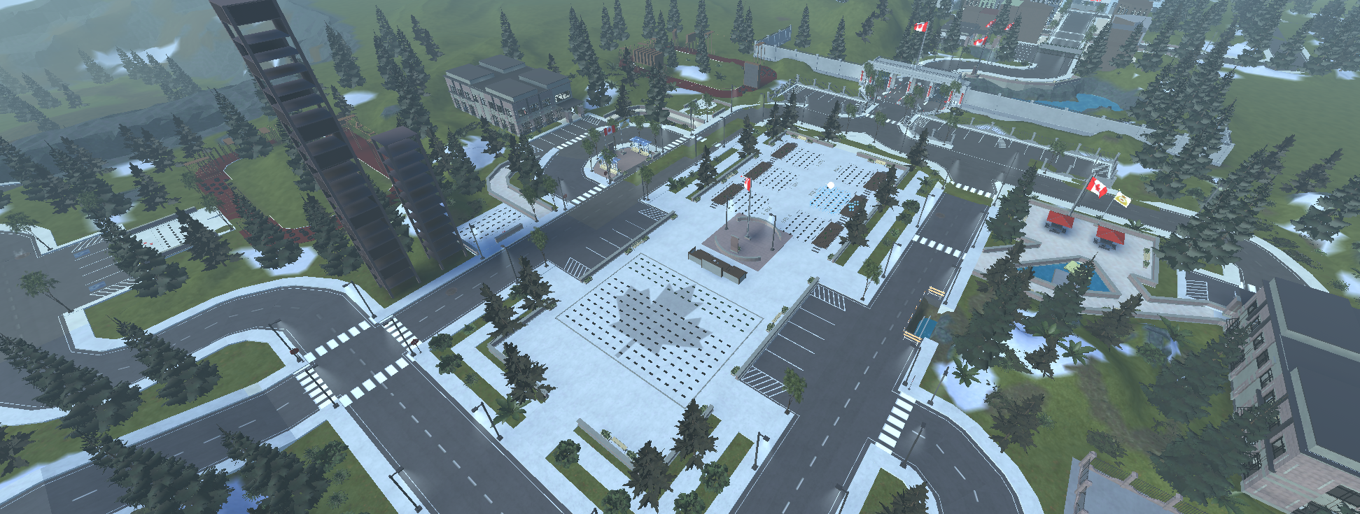 Detailed military headquarters in Roblox featuring Canadian flags and structures
